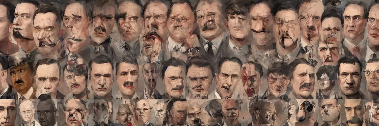 Image similar to colorful character faces, realistic mike patton and adolf hitler faces, character sheet, fine details, concept design, contrast, kim jung gi, greg rutkowski and da vinci, trending on artstation, 8 k, emotional, face turnaround, front view, back view, side view, ultra wide angle