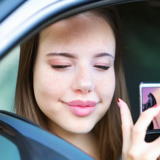 Prompt: a beautiful cute young woman takes a photo of herself, sitting in her car, flushed face, red blush, light freckles, big puffy lips, smiling softly, soft features, 8 k, sharp focus, instagram, portra 4 0 0