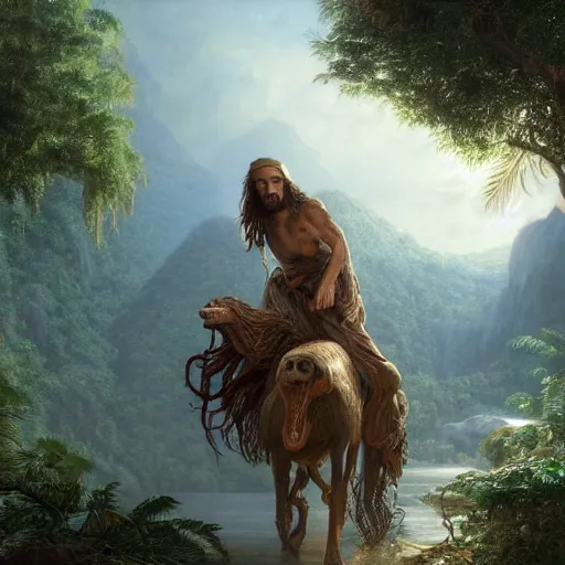 Prompt: a detailed matte painting of a ridiculously good looking jesus with long braided and curly hair riding a velociraptor, elegant ancient greek dress, jungle as the background, drinking a martini, wearing a jean jacket and a beenie, very detailed, beautiful, intricate, art by greg rutkowski and rembrandt, octane render