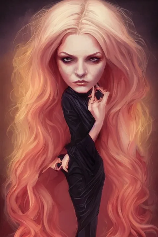 Image similar to beautiful wicked female occultist, sweeping ombre blonde hair, red eyes, portrait, high cheekbones, Victorian, black velvet dress, dark colors, magic Amulet, fantasy painting, trending in Artstation, GSociety, by Charlie Bowater, Brom, Bastien Lecouffe-Deharme