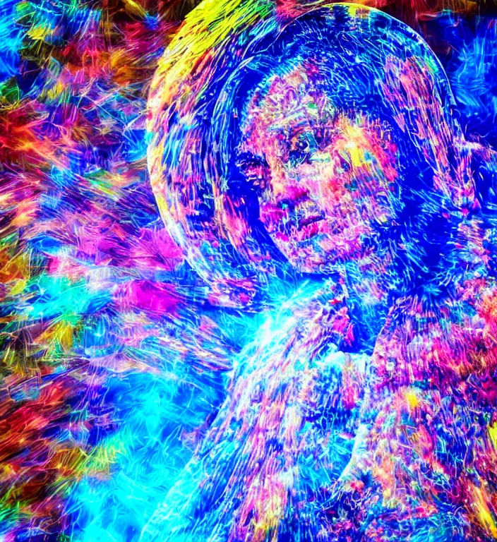 Prompt: centered waist up portrait photography an angel + bokeh + DOF + 8k, photorealistic, electronic microscope, vibrant colors