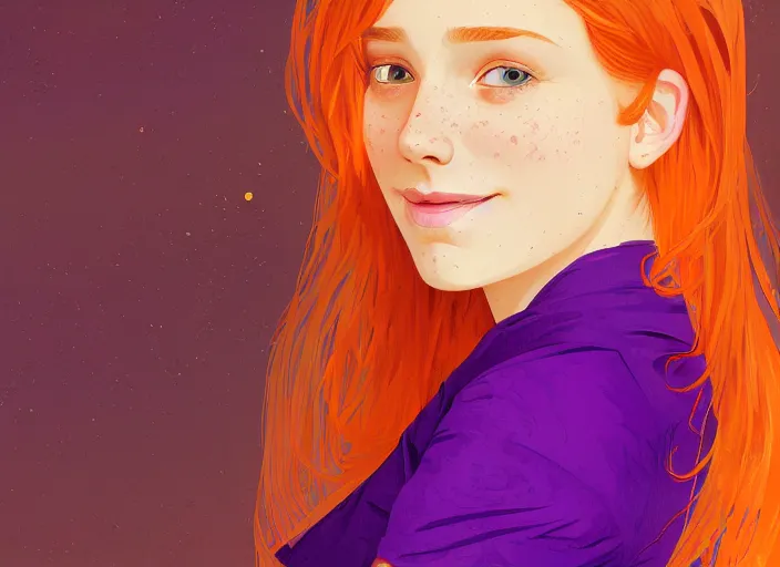 Image similar to portrait of a beautiful smiling girl with orange hair and freckles, green eyes, highly detailed, digital painting, concept art, smooth, sharp, focus, background is purple, trending on deviantart, alphonse mucha