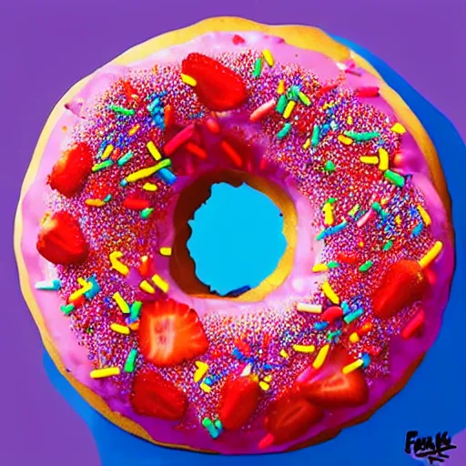 Image similar to strawberry frosted donut with sprinkles, pop art, album cover, shadow,