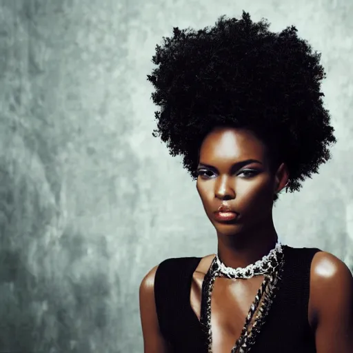 Image similar to Close up of a beautiful black female fashion model with huge hair wearing an edgy black dress in room of mirrors, photography ,vogue magazine editorial