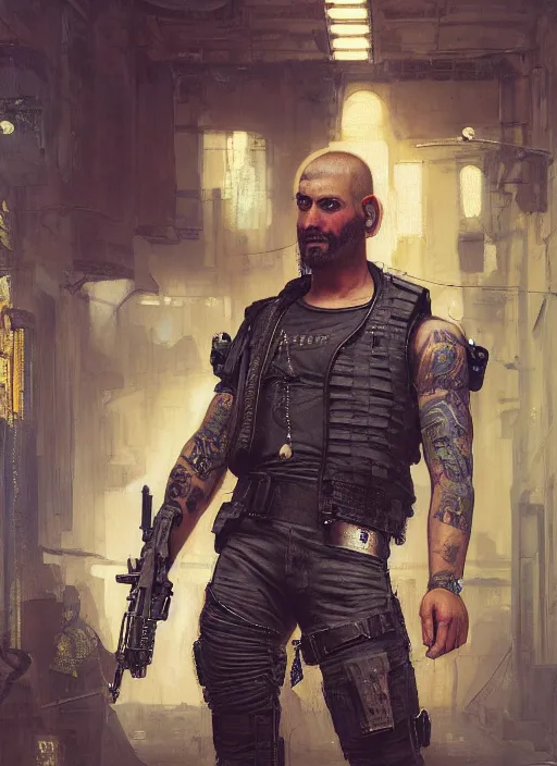 Prompt: clever Anders. cyberpunk mercenary with tattoos wearing a military vest and combat gear. (Cyberpunk 2077, bladerunner 2049). Iranian orientalist portrait by john william waterhouse and Edwin Longsden Long and Theodore Ralli and Nasreddine Dinet, oil on canvas. Cinematic, hyper realism, realistic proportions, dramatic lighting, high detail 4k