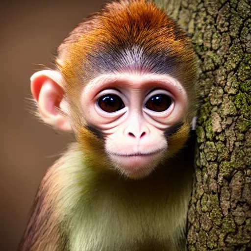 Image similar to very very very very cute chibi baby fruit monkey, portrait, pixar style, forest background, cinematic lighting, award winning creature portrait photography