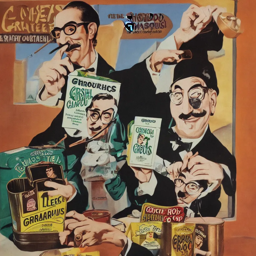 Prompt: advertisement featuring groucho marx on a tin of loose leaf tea