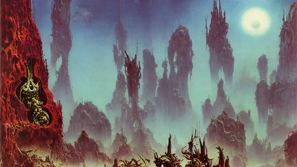 Image similar to surreal eerie alien planet empire with strange biomechanical plants by frank frazetta and bruce pennington, cinematic matte painting