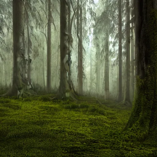 Image similar to Foggy forest with huge trees overgrown with moss and lianas, a hunter with weapons in diesel-punk style cautiously walks between the roots. 4K 64 megapixels 8K resolution DSLR filmic HDR Kodak Ektar wide-angle lens 3D shading Behance HD CGSociety Cinema 4D IMAX shadow depth rendered in Blender Unreal Engine hyperrealism photoillustration, lots of reflective surfaces, subsurface scattering
