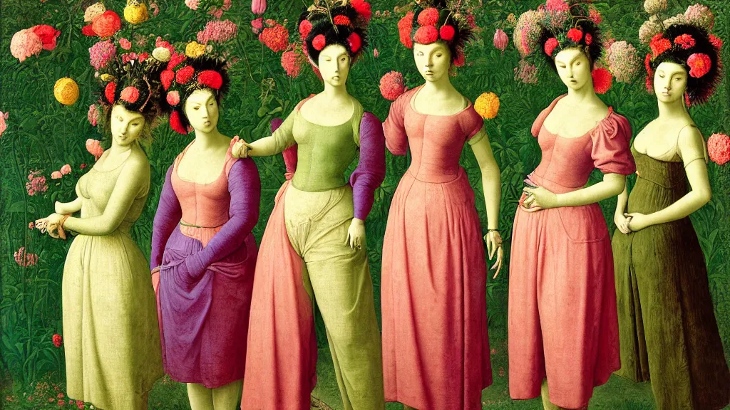 Image similar to portrait of four women with neon green hair buns, wearing modern baggy clothes, standing in a garden full of flowers, intricate details, high detail, in a renaissance style, super-flat, in the style of Jean Auguste Dominique Ingres, James Jean, punk, Asian art,