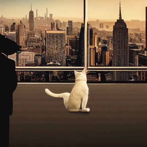 Image similar to a still of a cat in a suit looking out at a city skyline, cinematic,