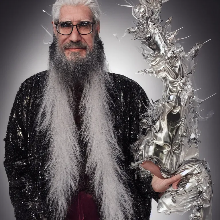 Image similar to high fashion photoshoot octane render portrait by wayne barlow and carlo crivelli and glenn fabry, a distinguished sci - fi futuristic wizard with a long white beard wearing a clear plastic iridescent jacket and holding a magical adorable critter while standing inside a futuristic beautiful boutique fantasy hotel lobby, very short depth of field, bokeh