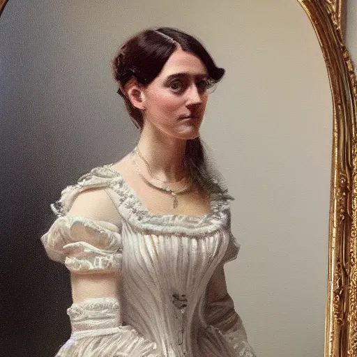 Image similar to oil portrait of a victorian lady wearing a beautiful dress in front of aa victorian mirror by greg rutowsky, trending on artstation