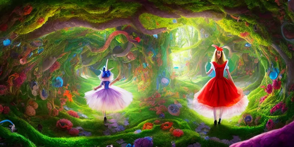 Image similar to Alice falling down the rabbit hole, alice in wonderland, colorful, wide angle, super highly detailed, professional digital painting, artstation, concept art, smooth, sharp focus, no blur, no dof, extreme illustration, Unreal Engine 5, Photorealism, HD quality, 8k resolution, cinema 4d, 3D, beautiful, cinematic, art by artgerm and greg rutkowski and alphonse mucha and loish and WLOP