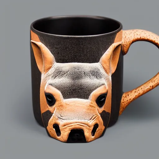 Image similar to a mug with shape of a rhino head, high quality product photography