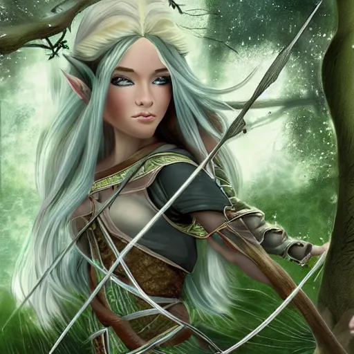 Image similar to a young elven female archer. long silver hair, fair skin like porcelain, beautiful greens eyes. fantasy. digital art. very detailed. anatomically precise. forest background.