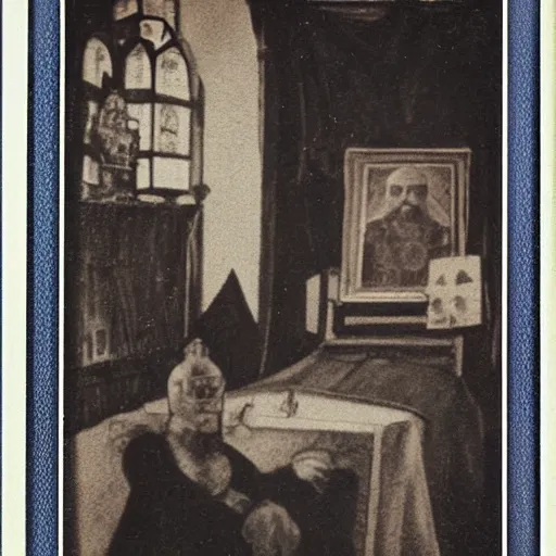 Image similar to ivan the terrible in his chamber in moscow in front of icon of iron man, polaroid, photo, high detail, wide lens,