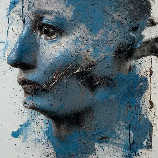 Prompt: A beautiful digital art of a human face with a bird's beak protruding from the forehead. powder blue by Nicola Samori brightvibrant, hideous