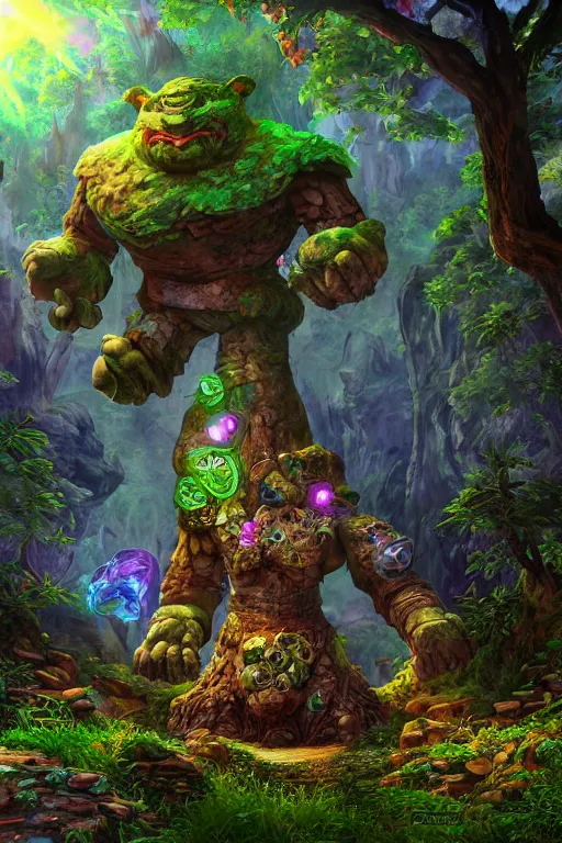 Prompt: zelda fantasy art giant golem elemental wood rock greeble gemstone enchanted forest troll, global illumination ray tracing hdr fanart arstation by sung choi and eric pfeiffer and gabriel garza and casper konefal bastion forged hardmesh lisa frank zbrush central radiating a glowing aura global illumination ray tracing hdr