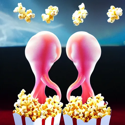 Prompt: hyper realistic, two headed squid eating popcorn at the cinema