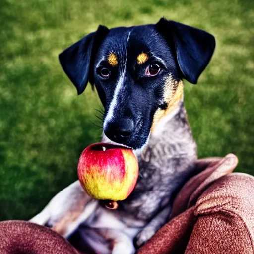 Image similar to a dog holding an apple in its mouth, 8 k, 4 k, professional photography, award winning photo