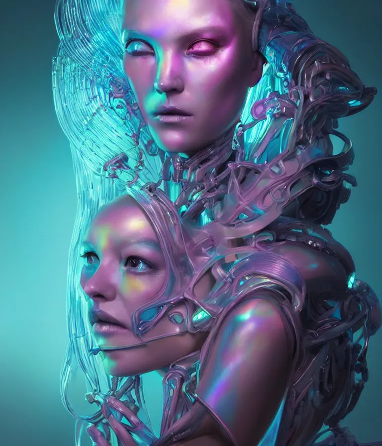 Image similar to iridescent portrait of a beautiful princess of death in robe. hard surface modelling. cyberpunk look. biomechanical mask. bio luminescent biomechanical halo around head. neon jellyfish. artwork by jarold Sng by artgerm, by Eddie Mendoza, by Peter mohrbacher by tooth wu, unreal engine, octane render, cinematic light, high details, iridescent colors, dichroic, macro, 4l