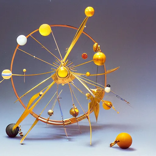 Image similar to a kinetic sculpture of this solar system, sun, orrery, canon 5 d 5 0 mm lens, papier - mache, studio, circa 1 9 9 9