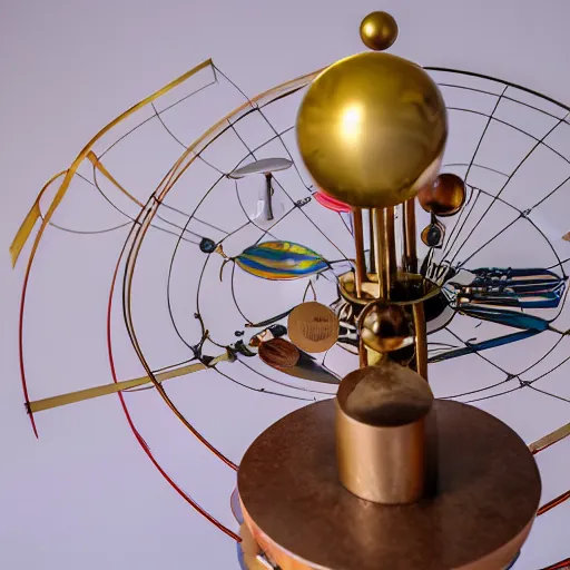 Prompt: a kinetic sculpture of this solar system, sun, orrery, canon 5 d 5 0 mm lens, papier - mache, studio, circa 2 0 4 9