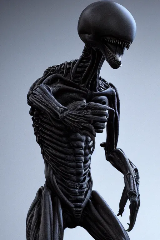 Image similar to neomorph xenomorph design in embrio pose, black, shiny body, hyperrealistic, cinematic lighting