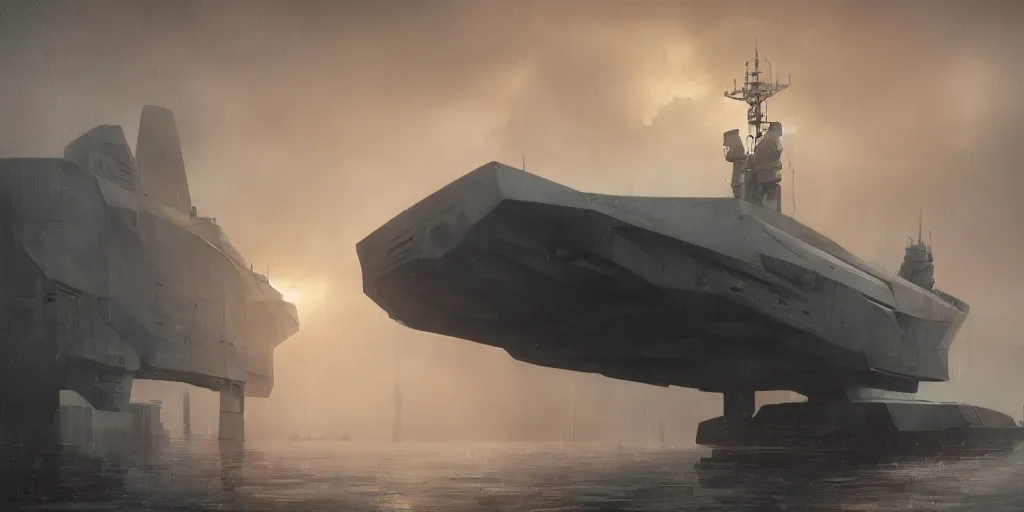 Prompt: render of huge futuristic warship boat, by Ian McQue, Rutkowski, lee madgwick and hubert robert, concrete building by le corbusier on the background, puddles of water, trees and bushes, blade runner style, neon glow, vivid color, moody lighting, unreal engine, bright sunrise, epic skies, foggy