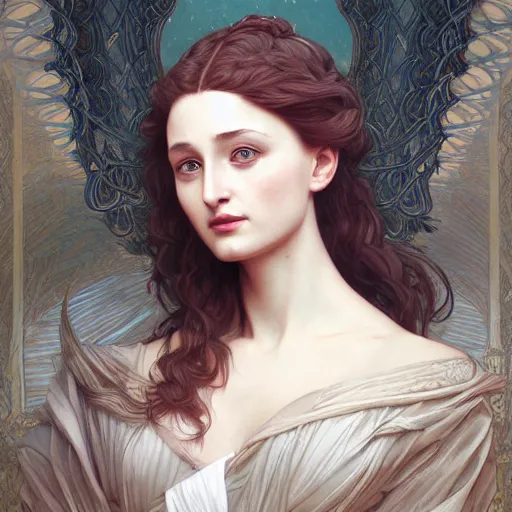 Image similar to portrait of sansa, intricate, elegant, highly detailed, digital painting, artstation, concept art, smooth, sharp focus, illustration, art by artgerm and greg rutkowski and alphonse mucha and william - adolphe bouguereau