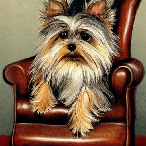 Prompt: an old happy brown and gray Yorkshire terrier dog lounging in a leather chair, long hair, extremely detailed masterpiece, illustration, by Michael Sowa,