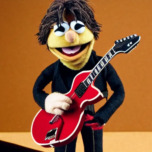 Image similar to bearded dave grohl as a muppet playing guitar. highly detailed felt. hyper real photo. 4 k.