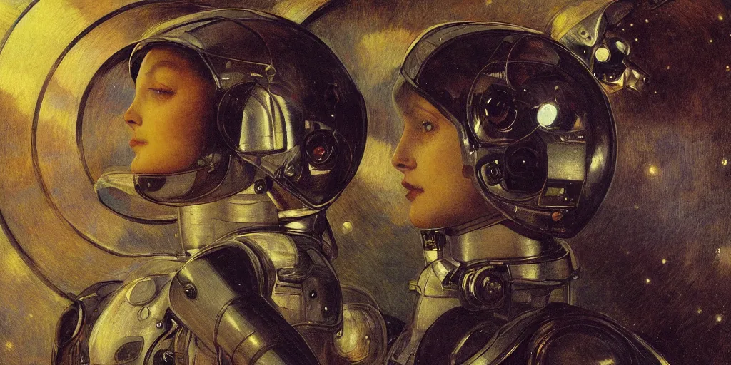 Image similar to portrait of a beautiful chrome female robot wearing a space helmet, reflections, mirroring, stars in space, rich clouds, warm azure tones, heavy lensflare, color bleed, film grain, depth of field, jules bastien - lepage, rudolph belarski, johfra bosschart, alexandre cabanel