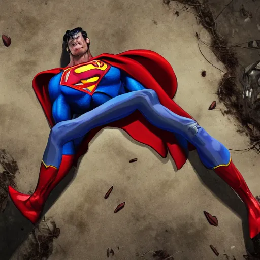 Prompt: emaciated superman on the ground, his body slowly being absorbed by the ground, uhd, horror, 8 k, award winning, hyper detailed, trending on artstation,