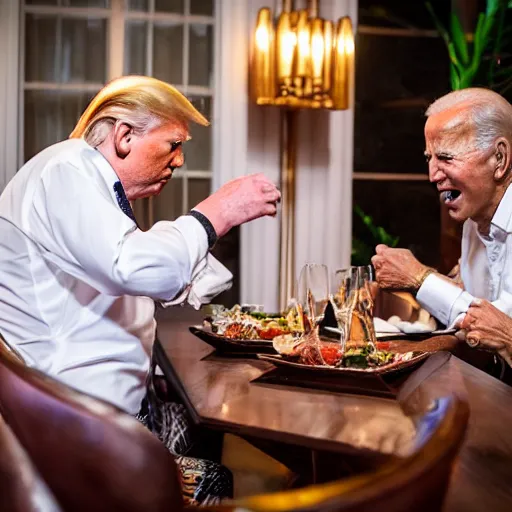 Image similar to Trump and Biden having dinner at a fancy Balinese restaurant, award winning photography, 85mm, perfect faces