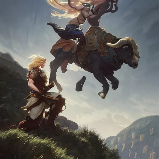 Image similar to a blonde paladin woman fighting a giant goat on the streets of a fantasy town, d & d, fantasy, highly detailed, digital painting, artstation, concept art, character art, art by greg rutkowski and tyler jacobson and alphonse mucha