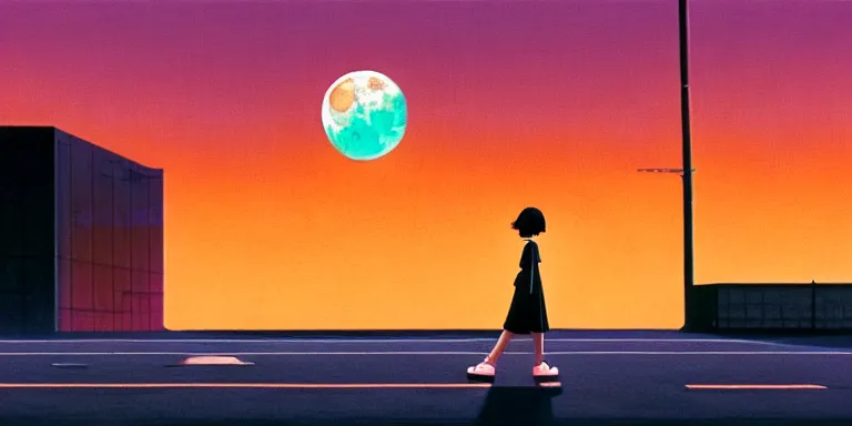 Prompt: an immaculate isometric cinematic keyframe matte painting of the silhouette of a young japanese girl standing in a wide sleek empty street 1 9 7 0 s vaporwave rust belt city at dusk with an oversized moon, just after the rain has cleared. by eric lafforgue, glennray tutor and edward hopper, greg rutkowski. trending on artstation.