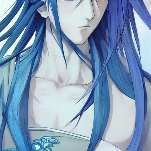 Image similar to an immortal xianxia cultivator with long blue hair as an absurdly handsome, elegant, young anime man, ultrafine hyperrealistic detailed face illustration by kim jung gi, irakli nadar, intricate linework, sharp focus, bright colors, matte, gujian, final fantasy, unreal engine highly rendered, global illumination, radiant light, intricate environment