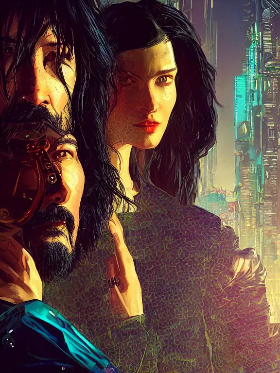 Image similar to a cyberpunk 2077 couple portrait of Keanu Reeves and V,love story,film lighting,by laurie greasley,Lawrence Alma-Tadema,William Morris,Dan Mumford,trending on atrstation,full of color,Digital painting,face enhance,highly detailed,8K, octane,golden ratio,cinematic lighting