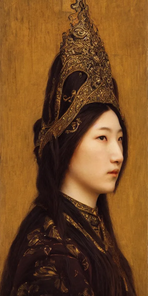 Prompt: Highly detailed and cinematic Pre-Raphaelite period oil painting of an Mongolian princess face portrait, an oil painting ((masterpiece)) by ((Josep Tapiró Baró)), RPG portrait, dynamic lighting, 8K