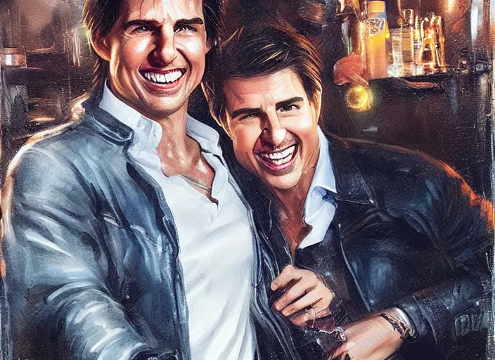 Image similar to hyper realistic tom cruise hanging out with tom cruise at a bar, all overly excited, jaw unhinged with laughter and smiling, all teeth, by greg rutkowski, 4 k, 8 k, masterpiece
