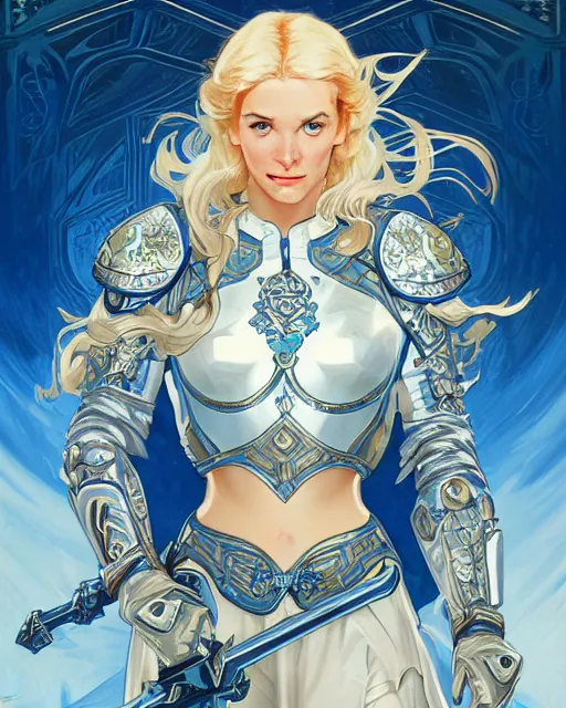 Image similar to movie poster of young blonde girl in blue and white armor, high fantasy, intricate detail, digital painting, artstation, concept art, smooth, sharp focus, illustration, art by Fernanda Suarez and Artem Demura and alphonse mucha