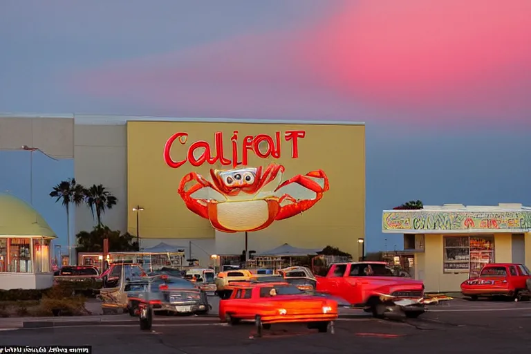 Image similar to giant crab attacking a california drive in, in 2 0 1 2, bathed in the the glow of the sunset, low - light photograph, in style of ansel adams