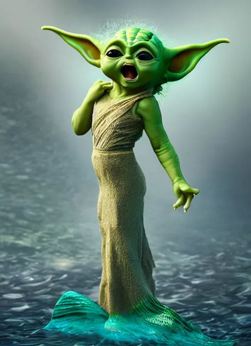 Prompt: full length photo of baby Yoda as a mermaid in the style of stefan kostic, full slim body, screaming. not realistic, sharp focus, 8k high definition, insanely detailed, intricate, elegant, art by stanley lau and artgerm