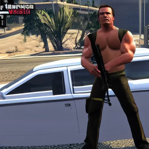 Image similar to GTA V arnold schwarzenegger screenshot stealing a cop car