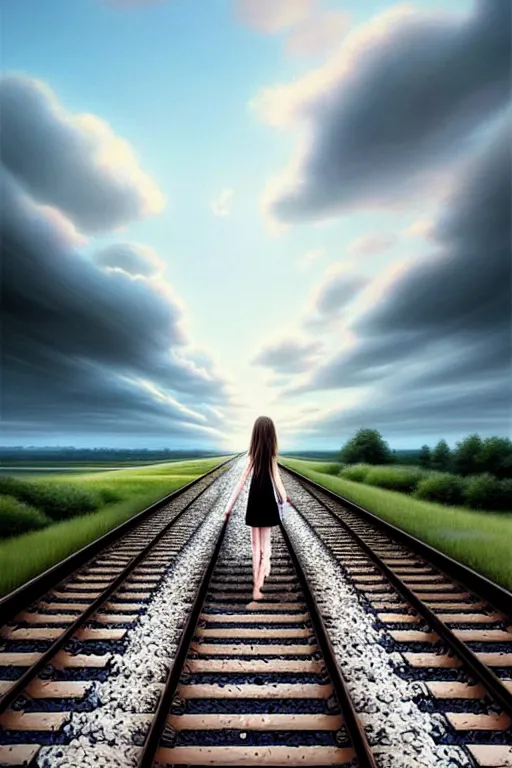 Prompt: shallow reflective water completely covers submerged invisible train tracks as a barefoot girl carries her shoes, there is a train station in the distance and large white clouds on a wide horizon, intricate, elegant, highly detailed, digital photo, artstation, concept art, smooth, sharp focus, art by artgerm and greg rutkowski and fra angelico