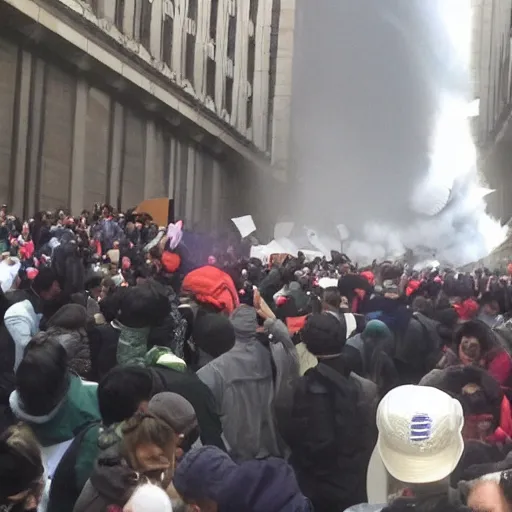 Prompt: tornado going into government building, papers flying around, people cheering for freedom