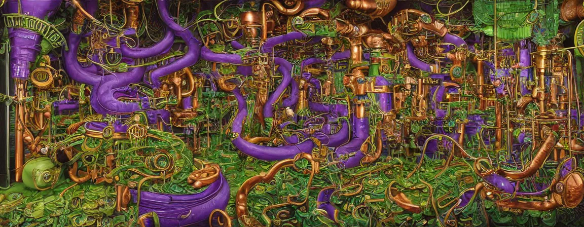 Image similar to a densely packed machine apparatus for making snake oil, huge copper machine with fine purple and green intricate pipework, art by jacek yerka, and ed roth, directed by denis villeneuve, cinematography by robby muller, fine detail, kodachrome 8 k, snake machine