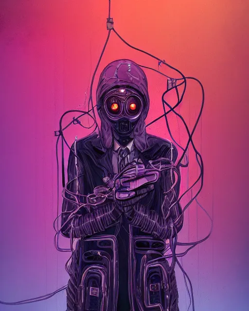 Prompt: eldritch cultist intertwined with technology, paranoia, wires, occult symbols, cyberpunk psychedelia, dark oil vibes, digital art, very detailed, colored, blotch watercolors, clean lines, artstation